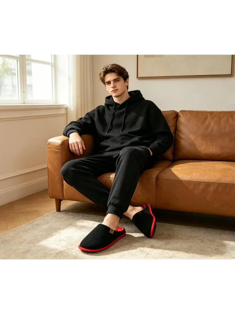 Mens Black And Red Cushion Foam Shake Fleece Faux Fur Lining House Slipper Shoes